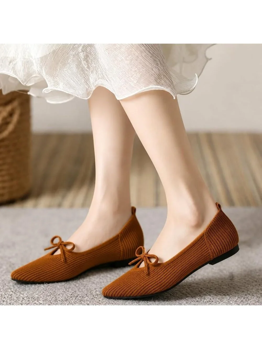 Women's Brown Pointed Toe Knit Ballet Flats Comfortable Pull On Casual Shoes